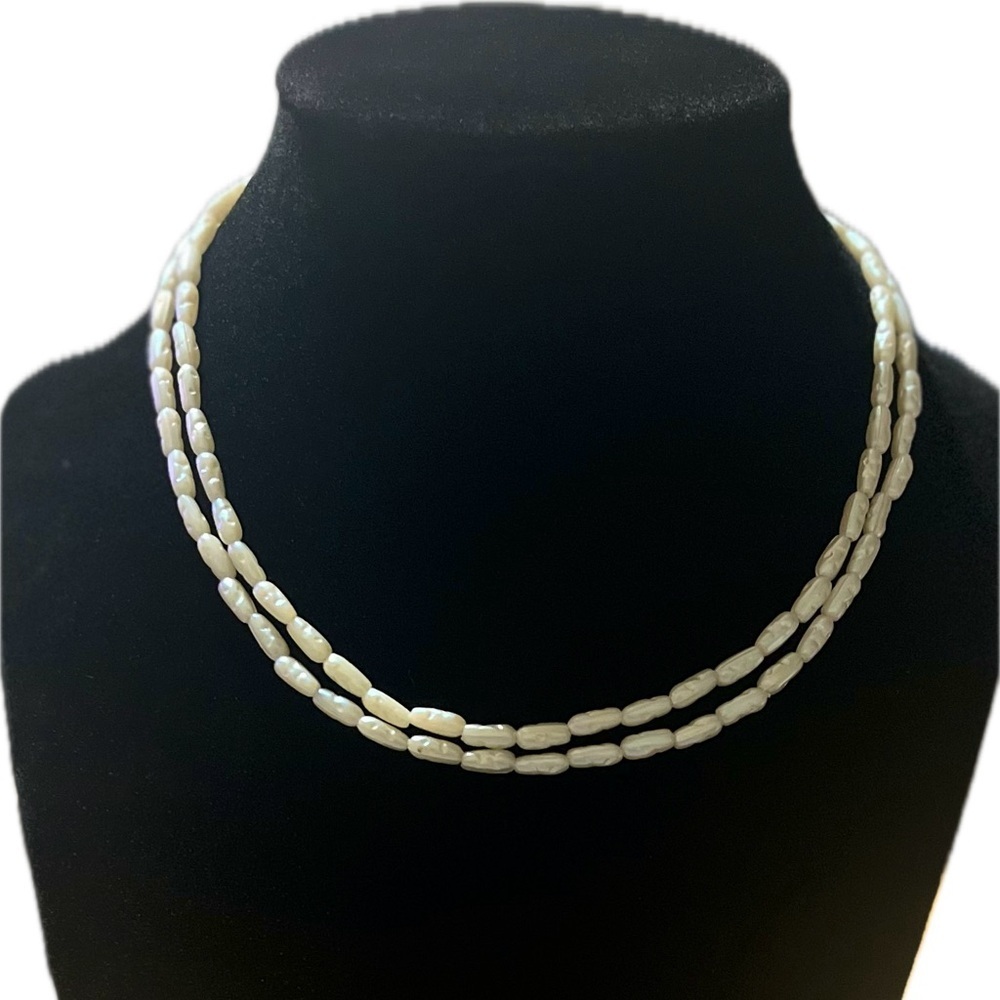Trifari Vintage Cream Freshwater Rice Seed Pearl Beaded Necklace, 14”